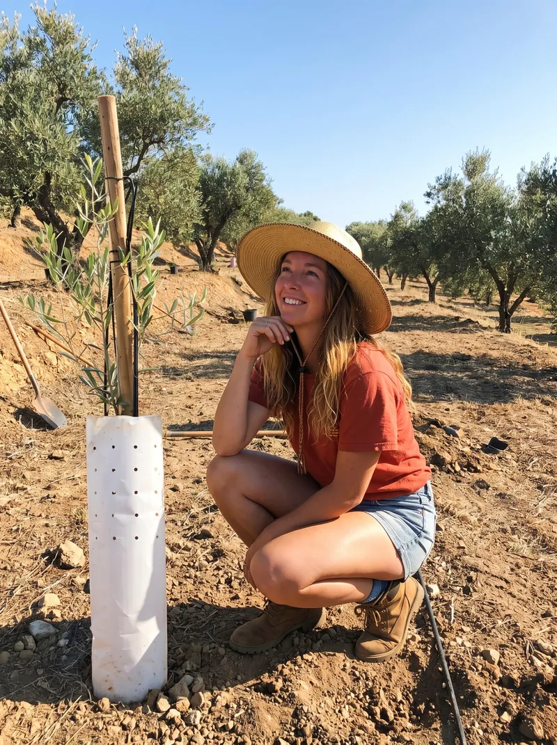 A grower kneeling beside a newly planted olive tree in an Italian grove.