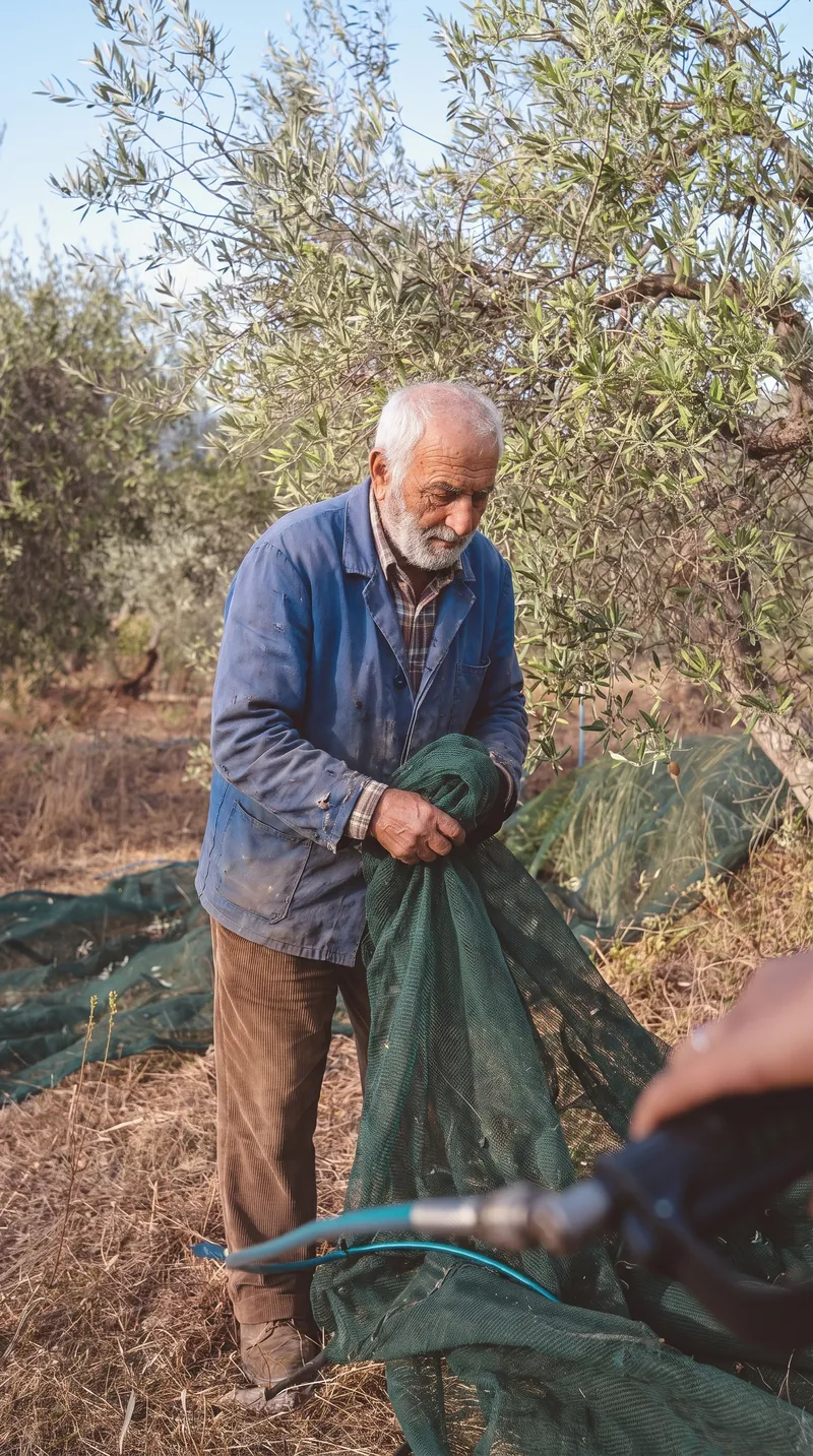 An elderly farmer spreading nets beneath an olive tree during the harvest.
